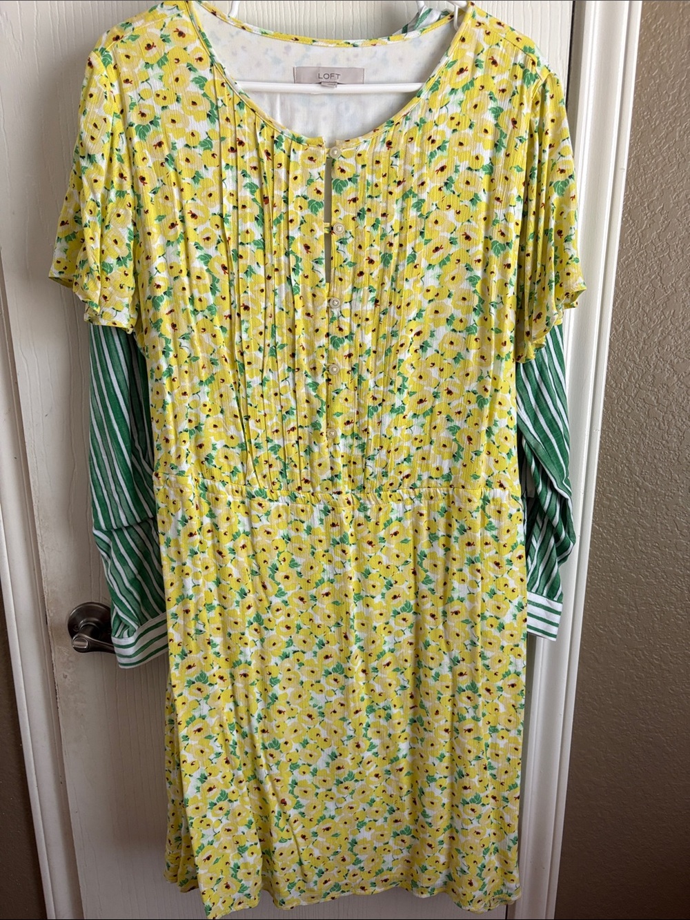 LOFT Yellow Floral Pintuck Dress with Green Accents